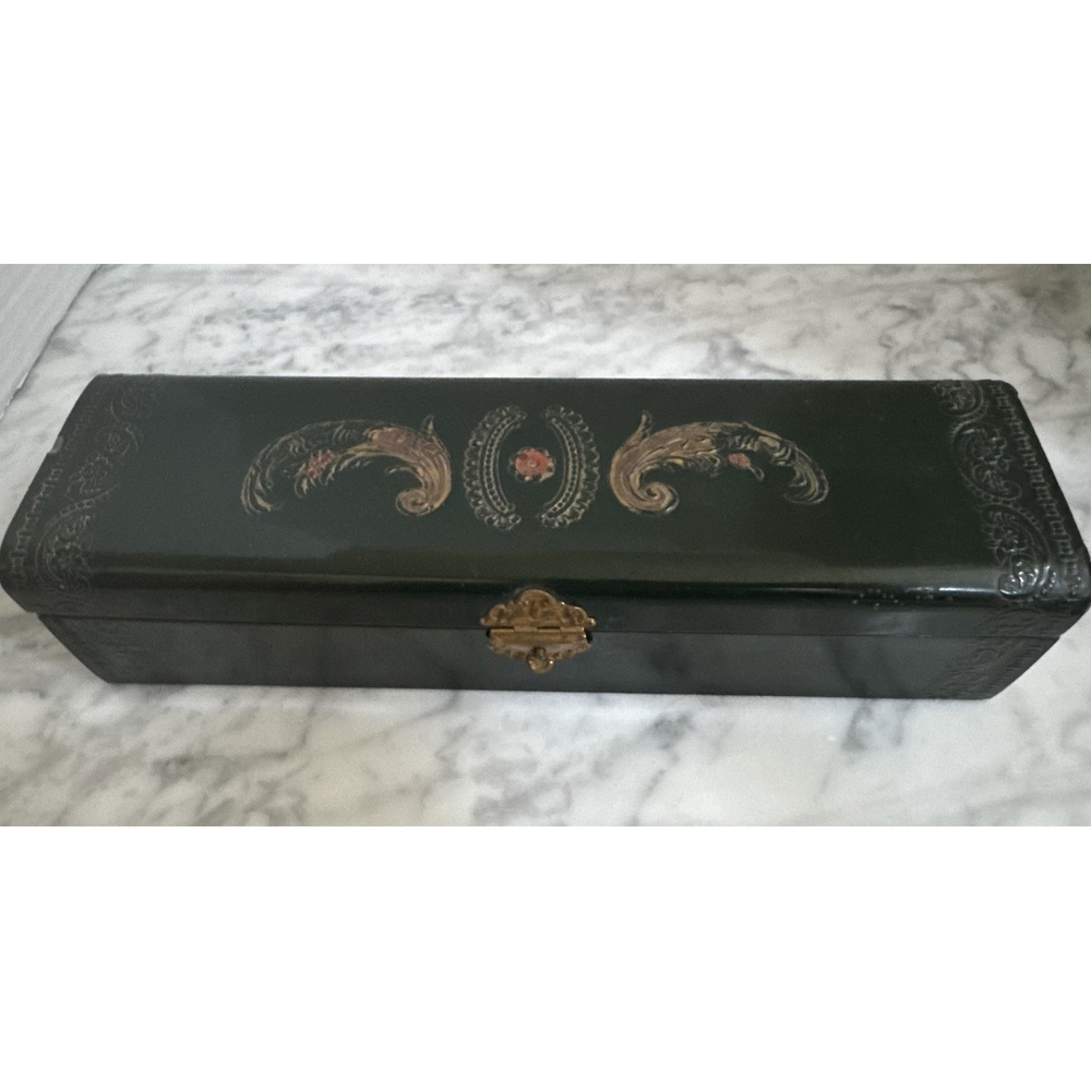 VTG‎ Green Lacquer Hand Painted Floral Lidded Trinket Box